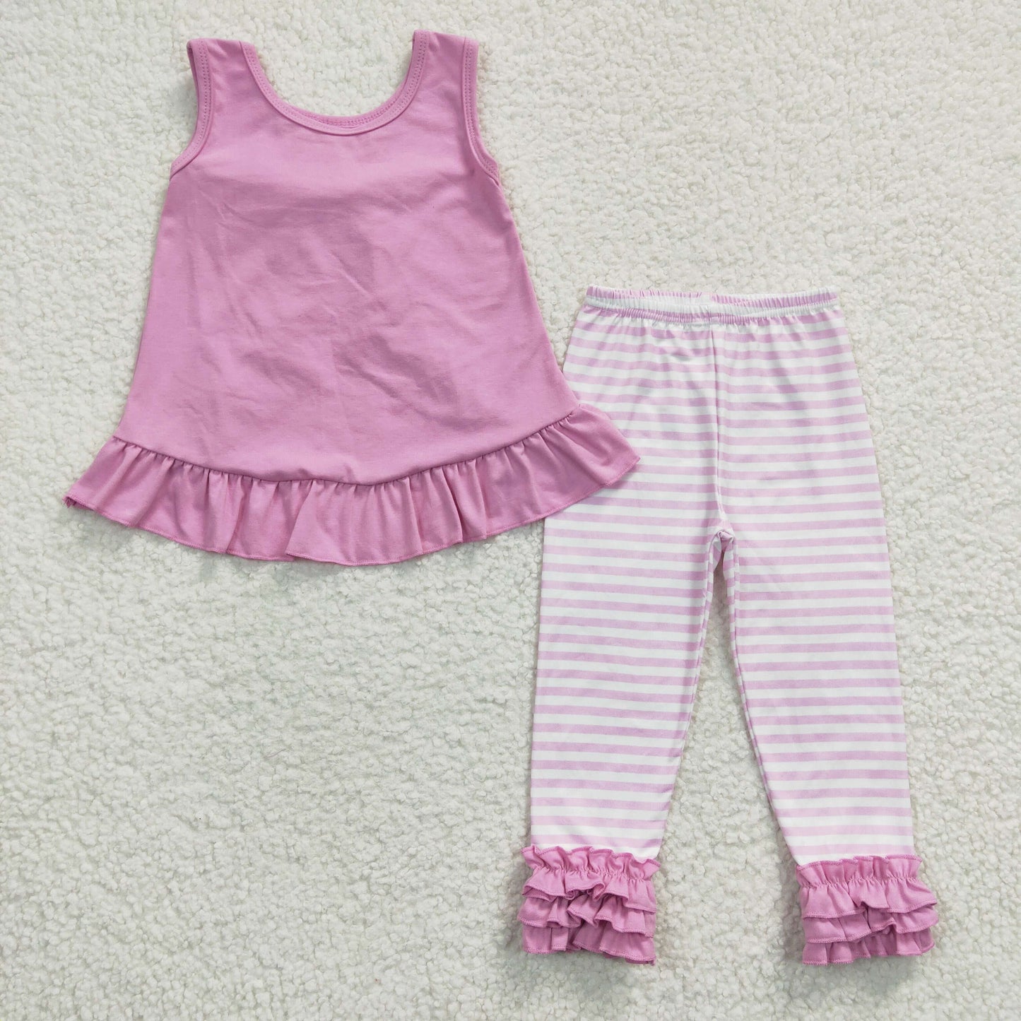 Girls pink sleeveless top stripes legging pants outfits   GSPO0507