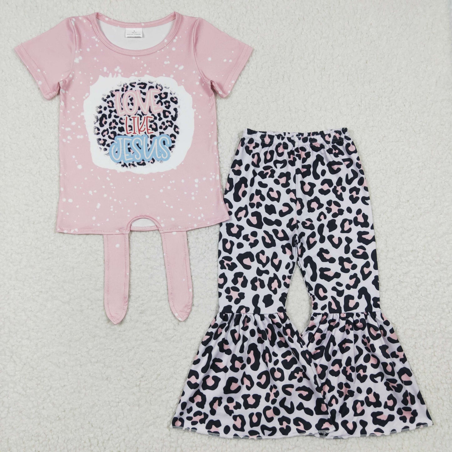 Love like Jesus top leopard print bell pants clothes set GSPO0518