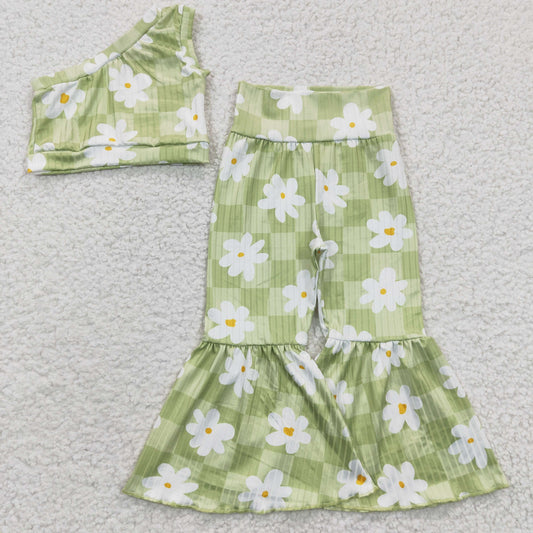 Girls One-Shoulder top green floral print bell bottom pants outfits GSPO0524