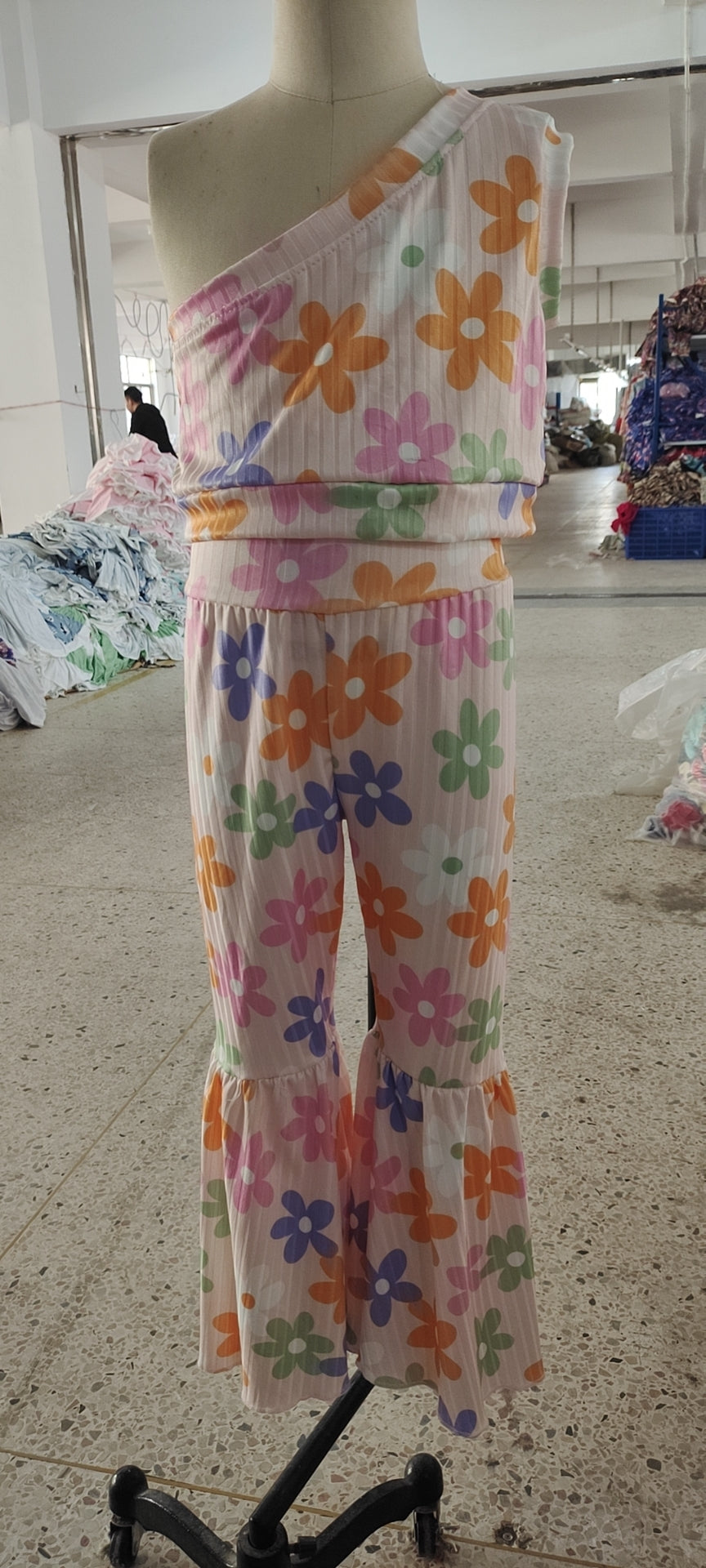 Girls One Shoulder top colorful flowers print bell bottom pants outfits GSPO0525