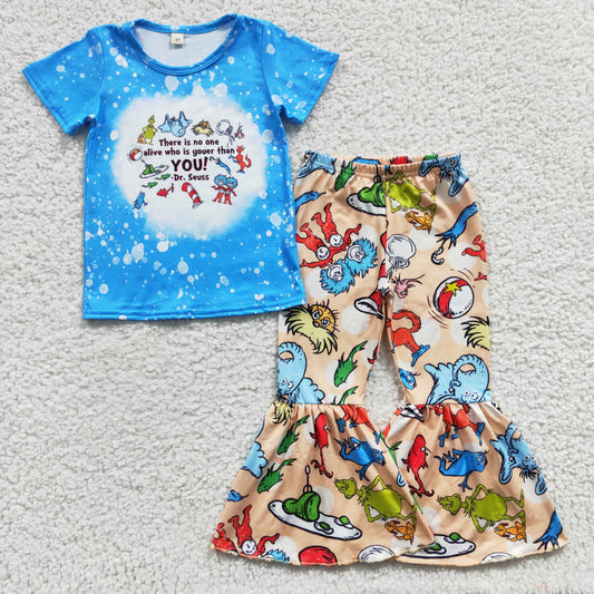 Girls blue cartoon print bleached top outfits GSPO0527