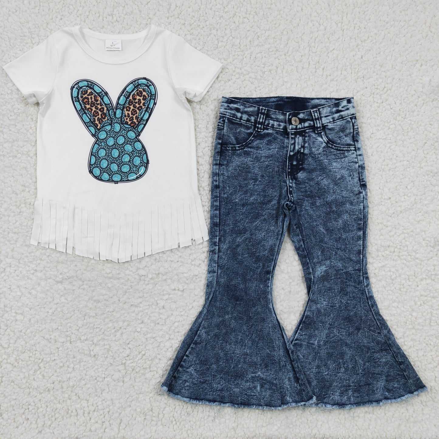 Girls turquoise bunny print tassels top Denim bell bottom Pants belt 3 pcs outfits  GSPO0532