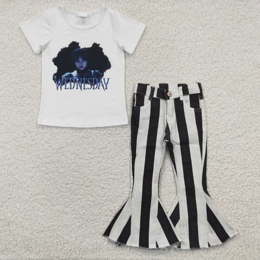 Girls Wednesday print top black stripes Denim Pants outfits  GSPO0534