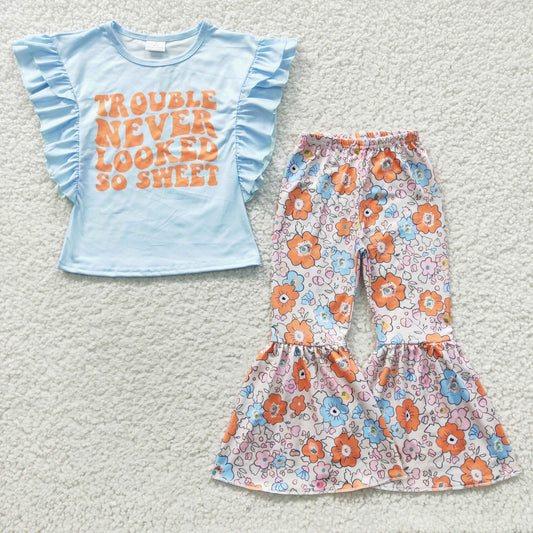 Trouble never looked so sweet print blue top flowers bell pants outfits GSPO0539