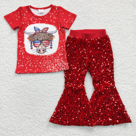 Girls cow print 4th of July top sequins bell pants outfits  GSPO0540