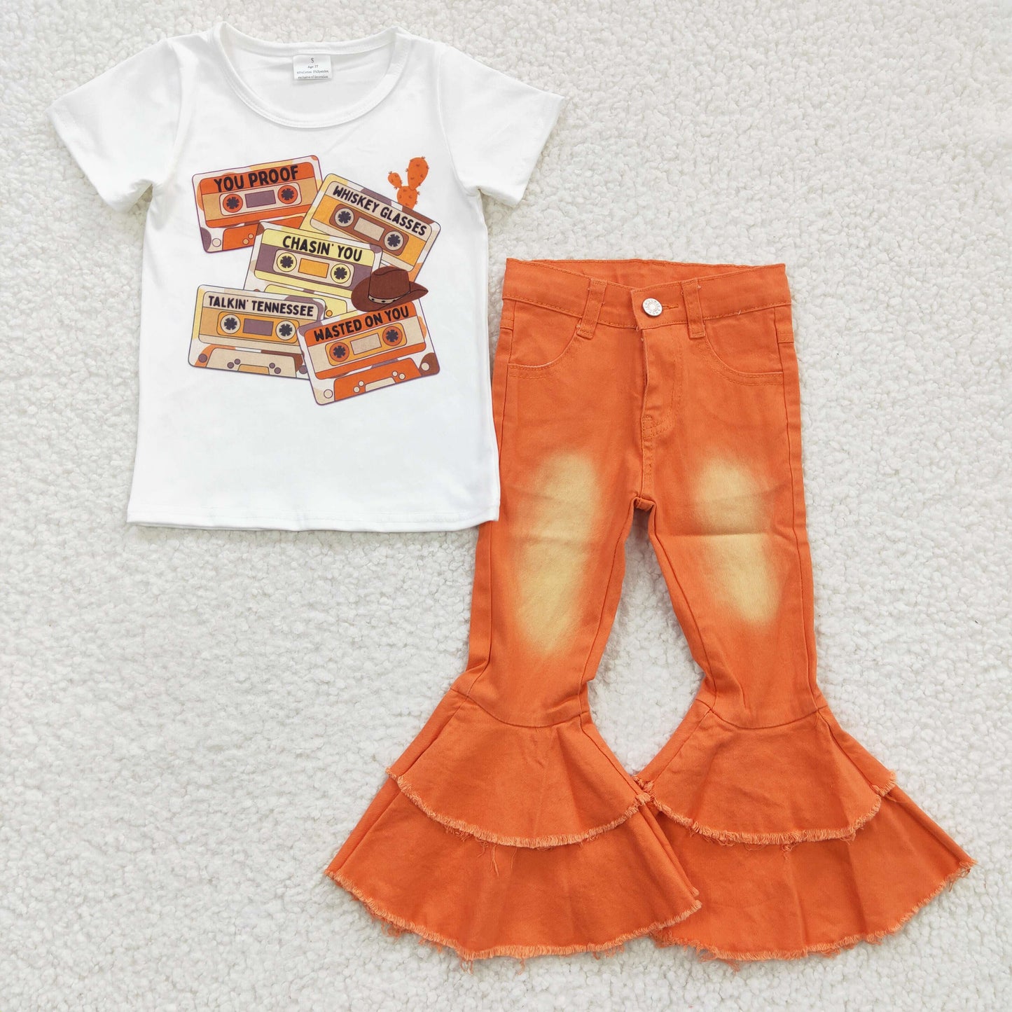 Girls tape print top orange bell bottom jeans outfits GSPO0547