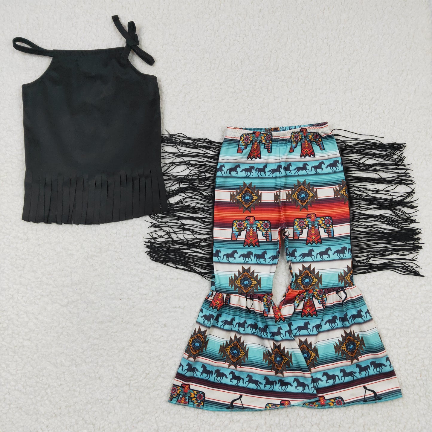 Girls black cotton tassel top bell bottom pants western outfit  GSPO0551