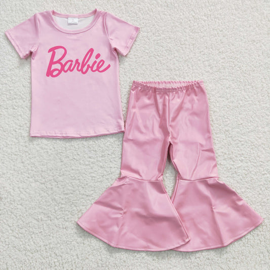 Girls print top pink leather bell pants  outfits GSPO0553