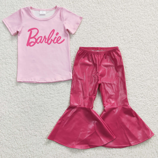 Girls print top hot pink leather bell pants  outfits GSPO0554
