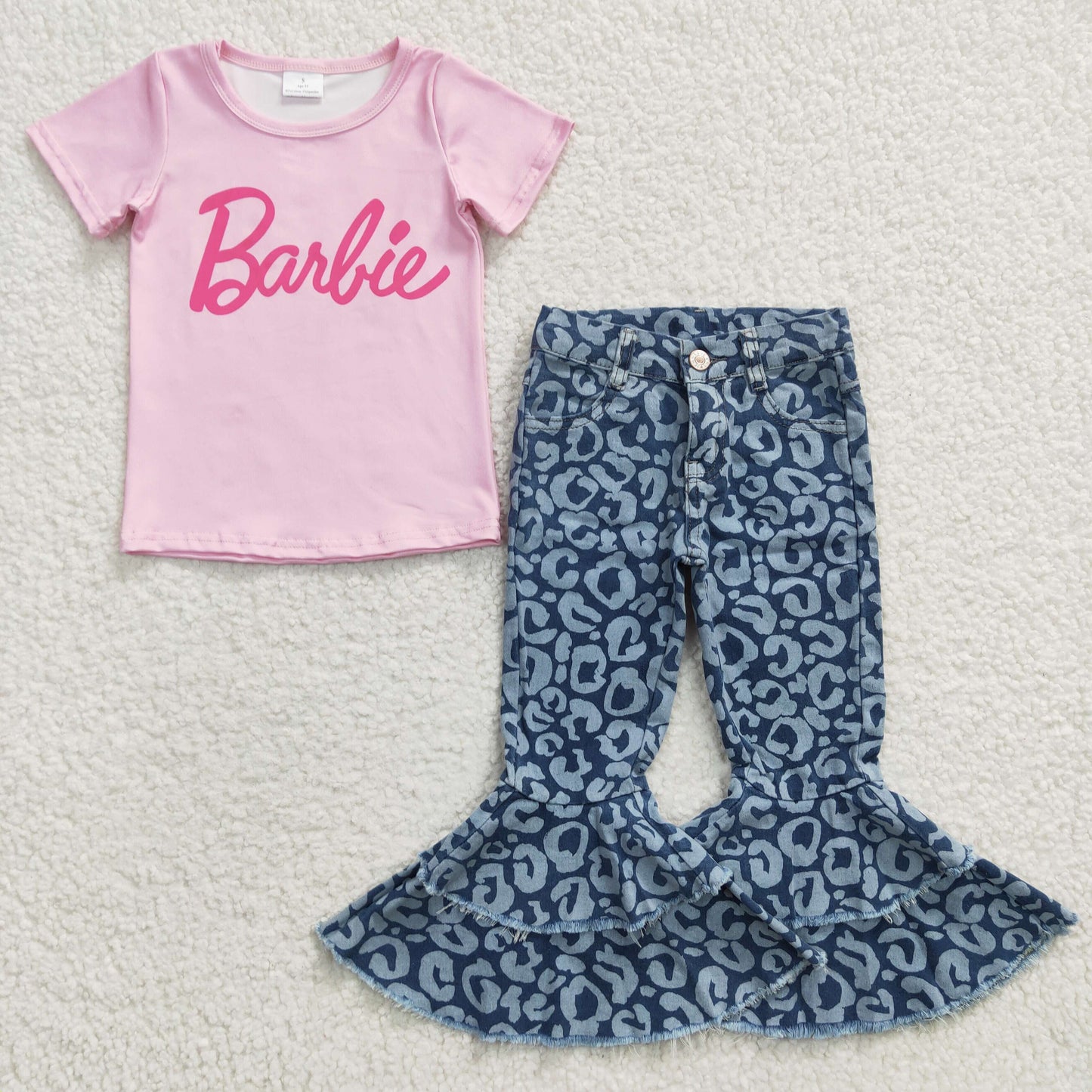 Girls pink top blue leopard bell bottom jeans outfits GSPO0555