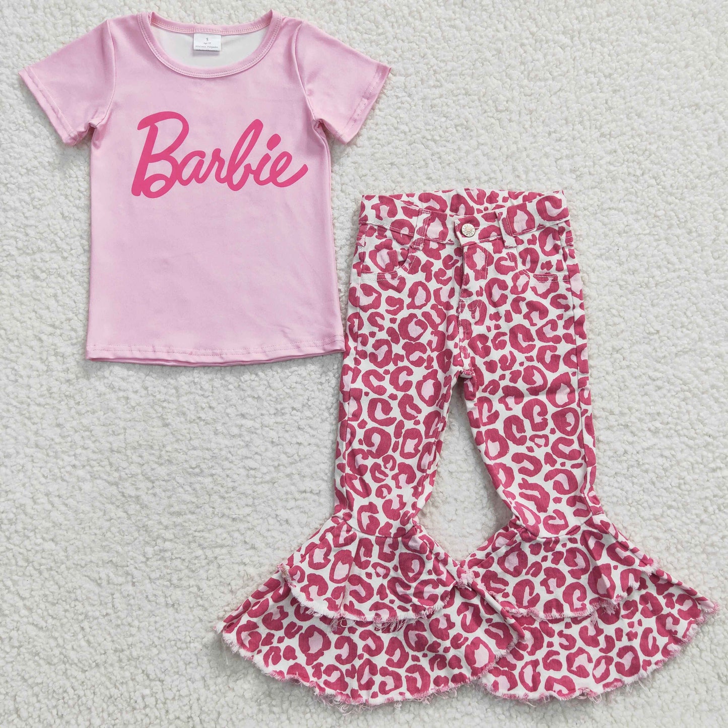 Girls pink top leopard bell bottom jeans outfits GSPO0556