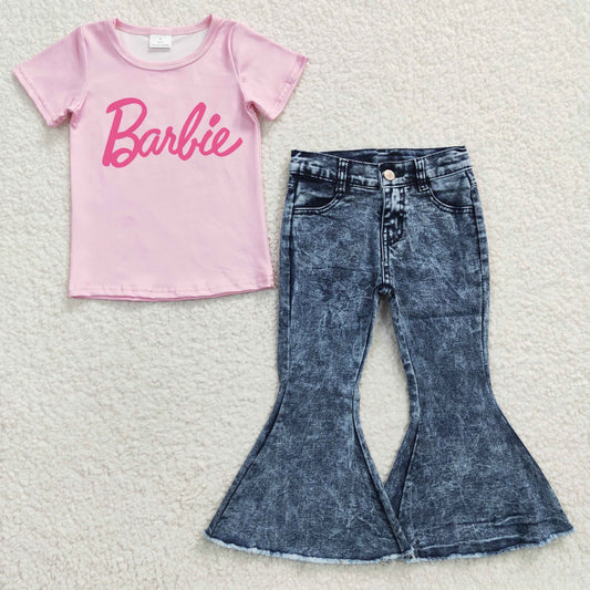 Girls pink top blue bell bottom jeans outfits GSPO0557