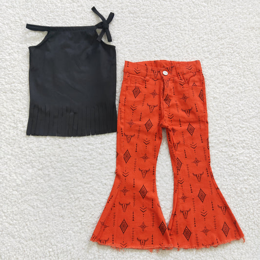 Girls black cotton tassel top orange danim western jeans outfits GSPO0561