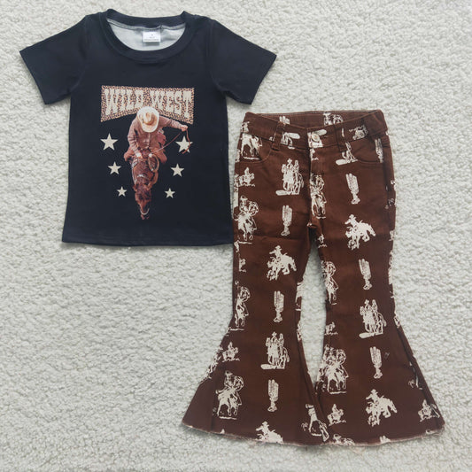 Girls black wild west top rodeo denim bell bottom jeans western outfits GSPO0568