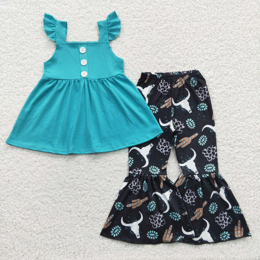 Girls Turquoise Flutter Sleeve Tunic Cow Bell Pants Clothes Sets GSPO0581