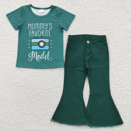 Mommy's favorite model print top green color denim bell bottom jeans outfits GSPO0593