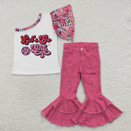 LET'S GO GIRLS print one-shoulder top hot pink denim bell bottom jeans western outfits GSPO0594