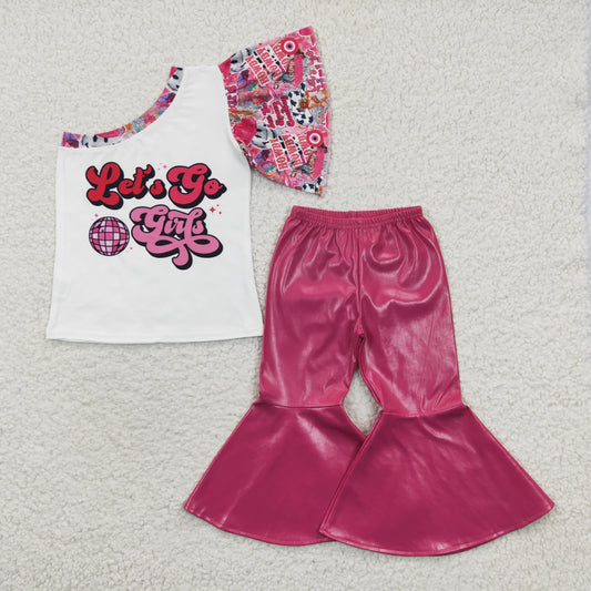 LET'S GO GIRLS print one-shoulder top hot pink leather ruffle bell pants outfits GSPO0595