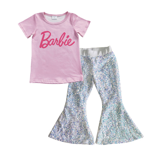 Girls BA pink short sleeve top sparking bell bottom pants outfits GSPO0625