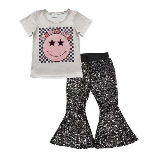 Girls smiling print top sparking bell bottom pants outfits GSPO0627