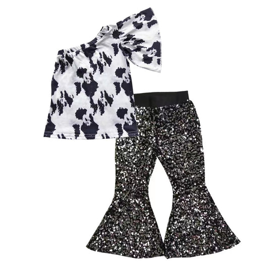 Girls one-shoulder black cow print top sparking bell bottom pants outfits GSPO0628