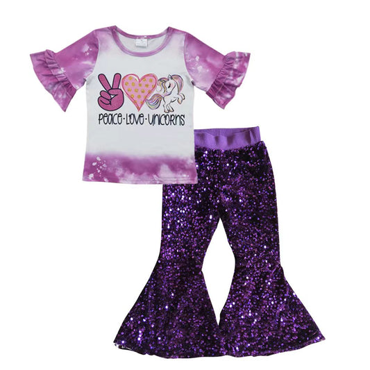 Girls peace love unicorn purple top sparking bell bottom pants outfits GSPO0629