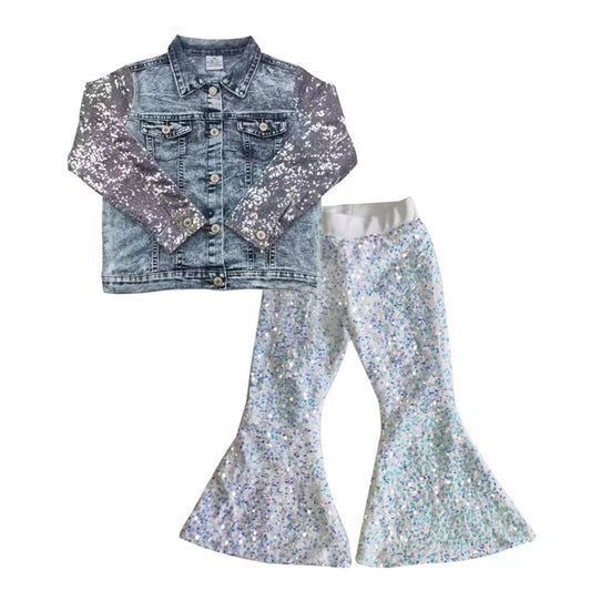 Girls light denim color sequin jackets cardigans white sequined bell bottom pants outfits GSPO0630