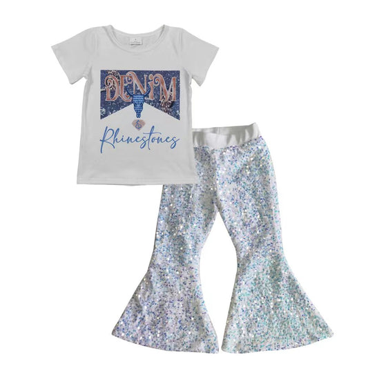 Girls blue cow skull print top sparking bell bottom pants outfits GSPO0632