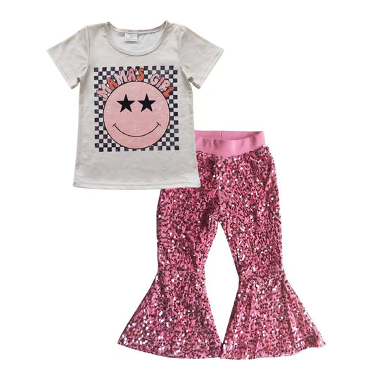 Girls smiling print top sparking bell bottom pants outfits GSPO0633