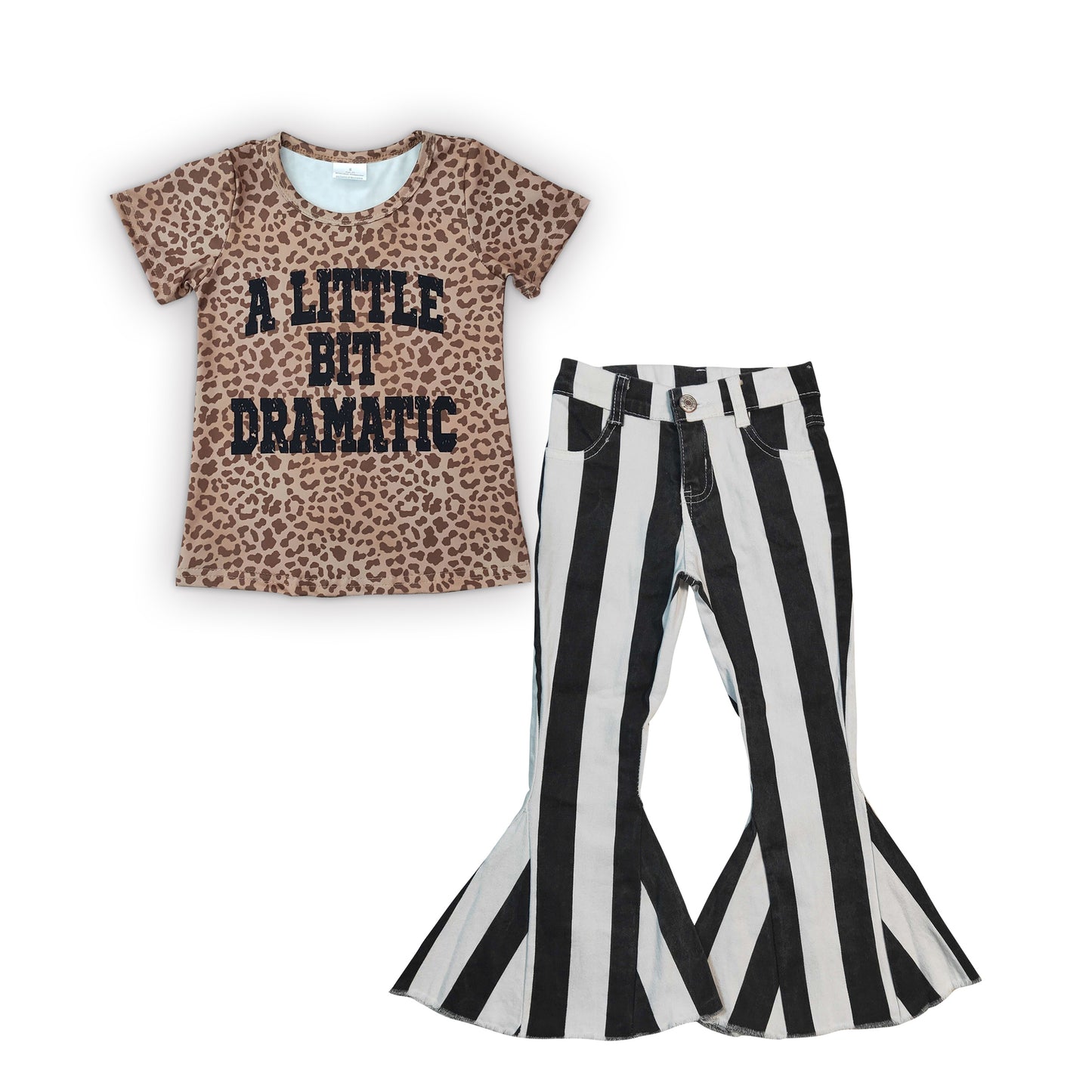 GSPO0640 A little bit dramatic leopard top black stripes denim bell bottom jeans girls clothes set