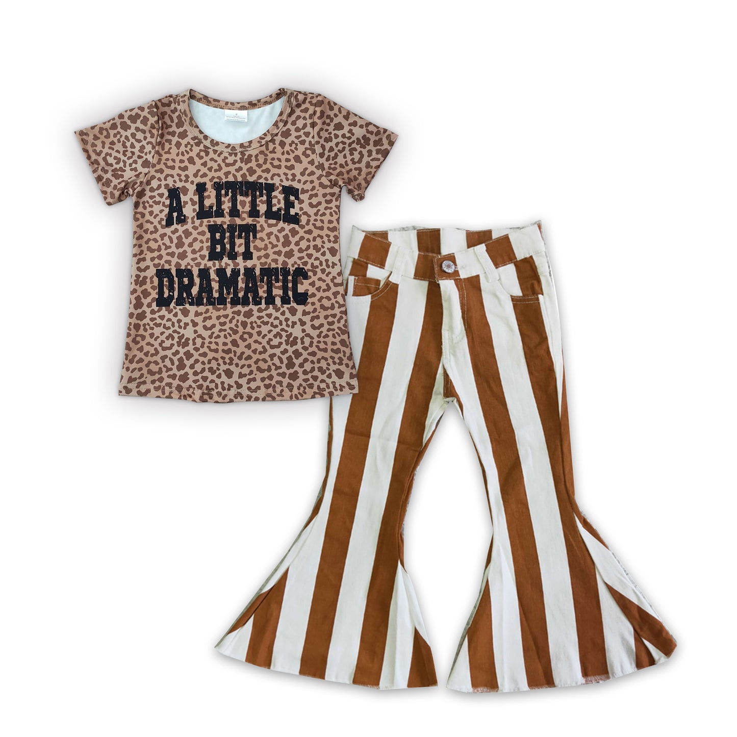 GSPO0641 A little bit dramatic leopard top stripes denim bell bottom jeans girls clothes set