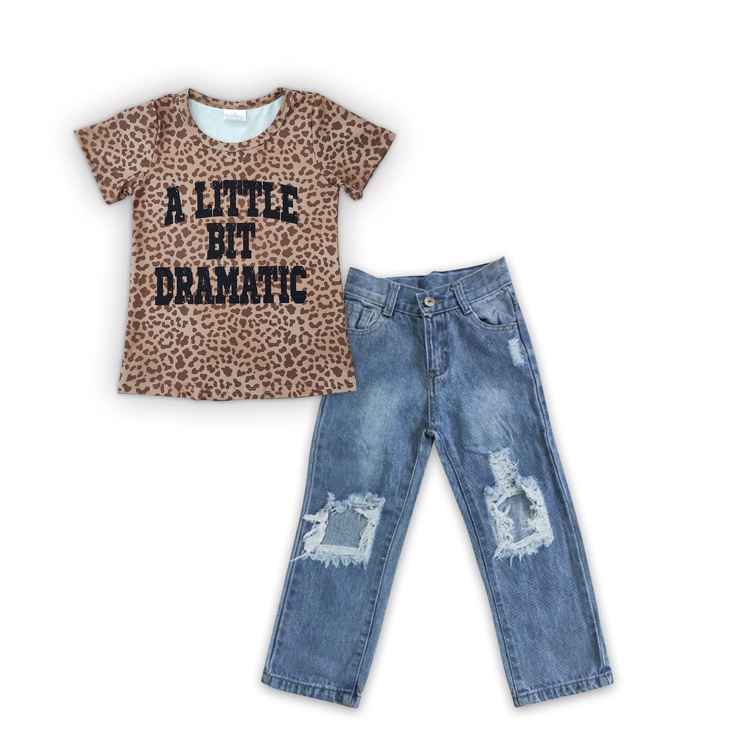 GSPO0642 A little bit dramatic leopard top hole denim pants girls clothes set