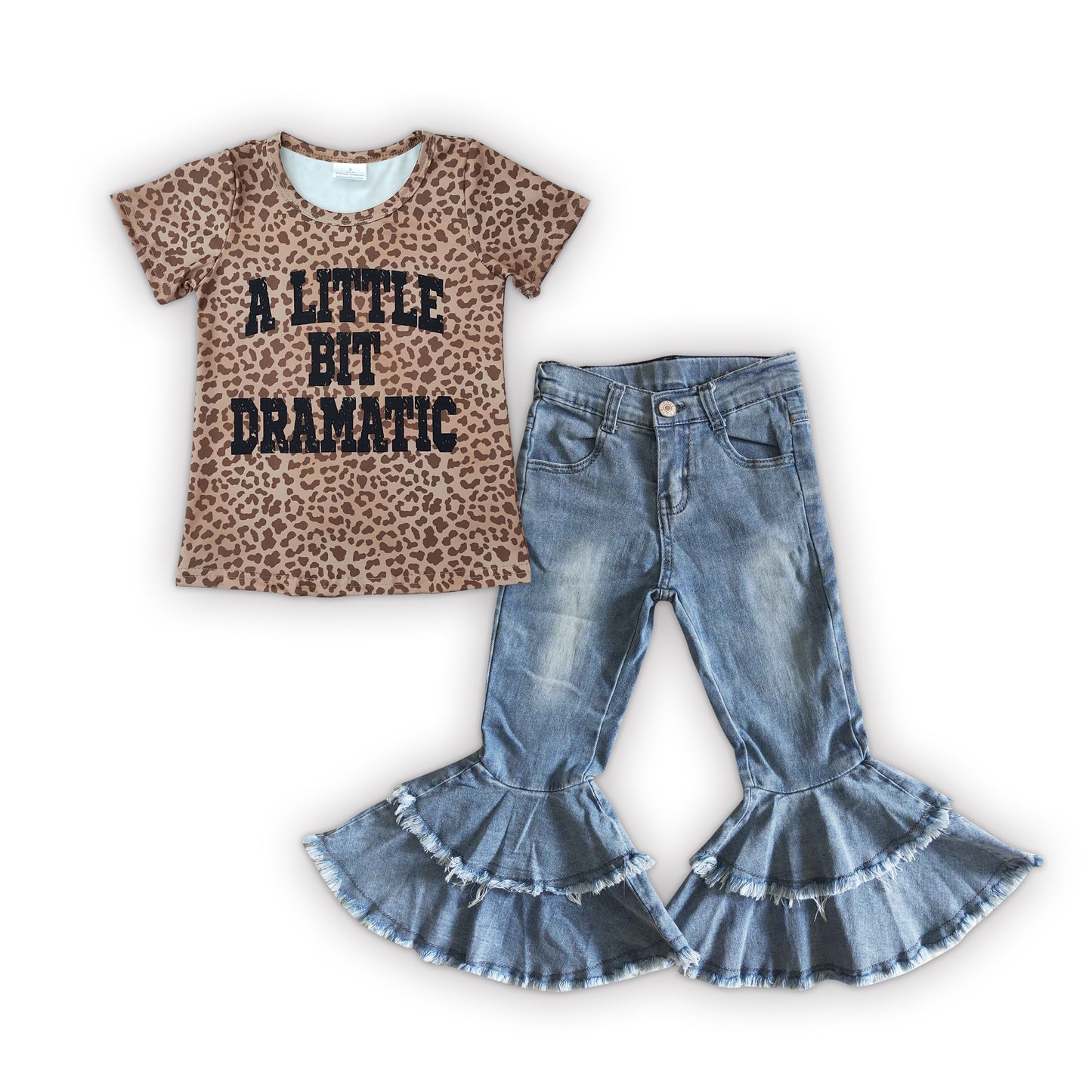 GSPO0643 A little bit dramatic leopard top washed Blue denim ruffle jeans girls clothes set