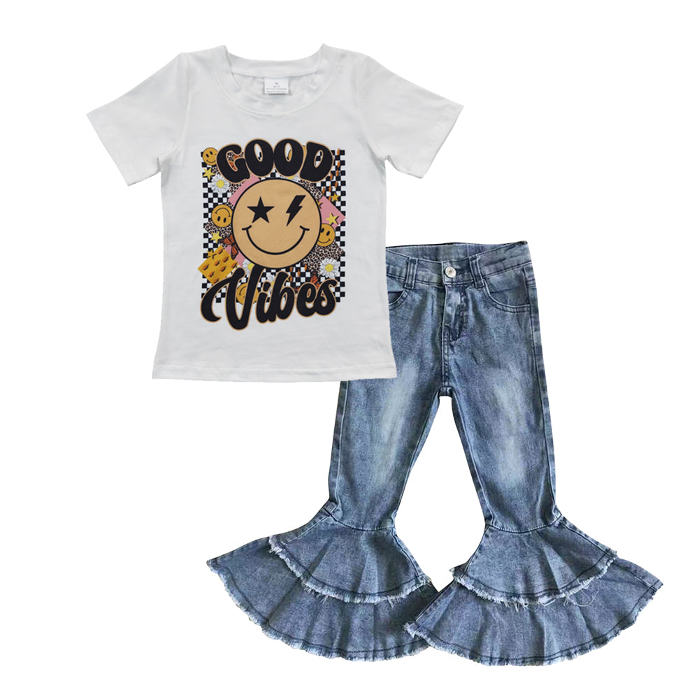 GSPO0648 Good V smile print top washed blue denim ruffle jeans girls clothes set