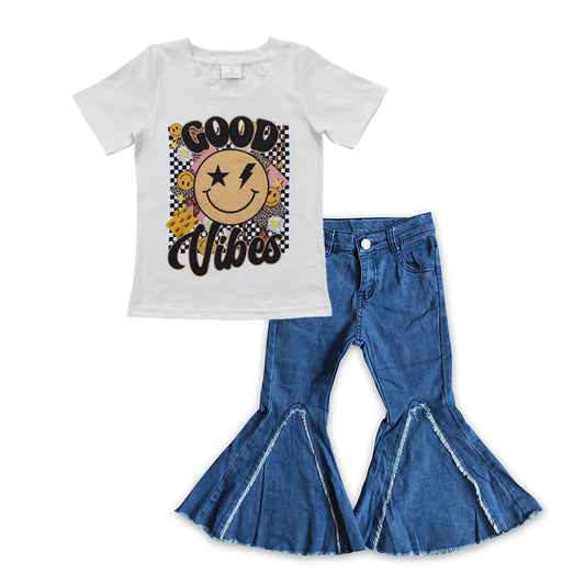 GSPO0649 Good V smile print top blue denim ruffle jeans girls clothes set