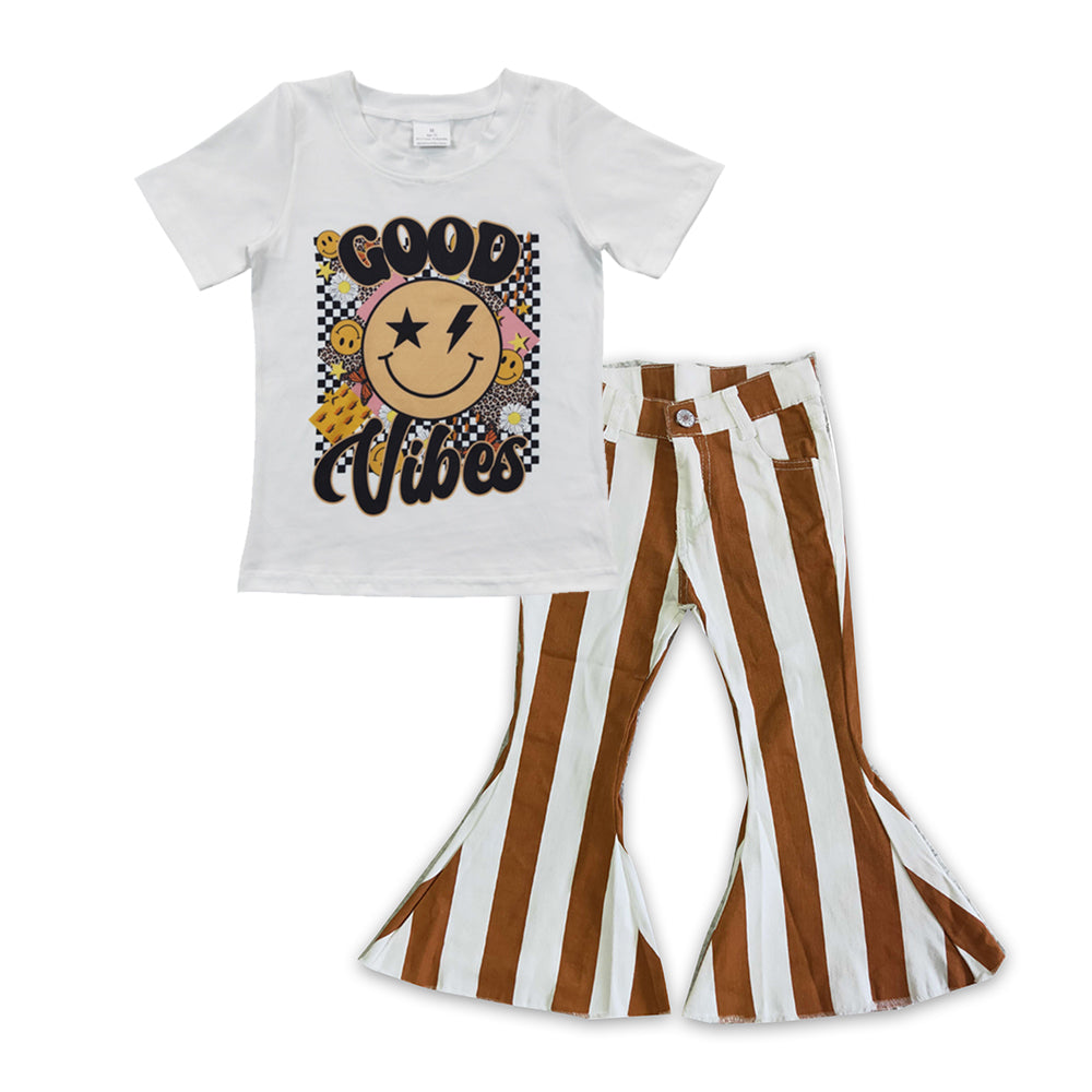 GSPO0650 Good V smile print top stripes denim ruffle jeans girls clothes set