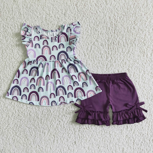 (Promotion)Flutter sleeve purple rainbow print ruffles shorts summer outfits GSSO0009