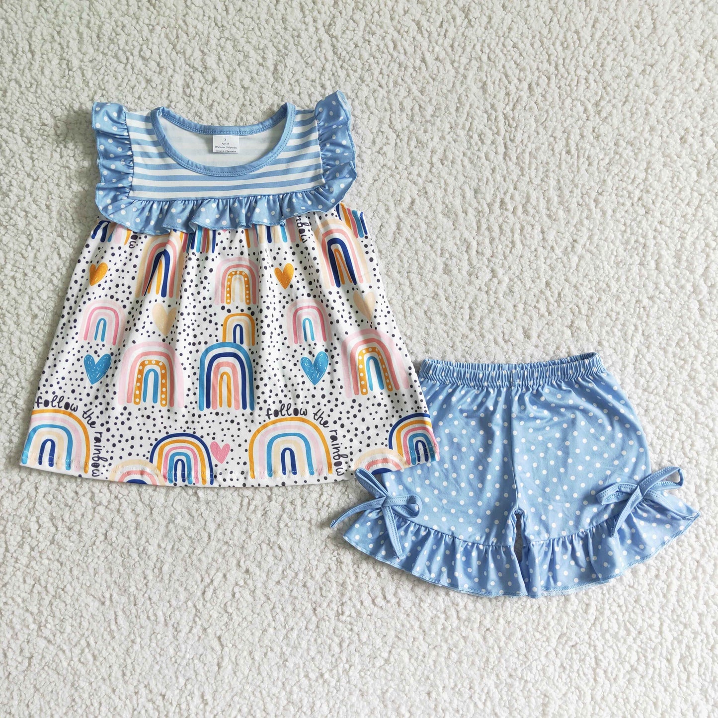 (Promotion)Flutter sleeve blue rainbow print ruffles shorts summer outfits GSSO0028