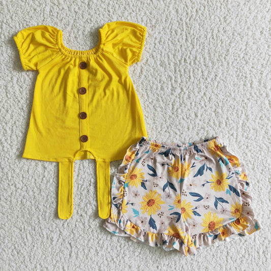 (Promotion)Short sleeve yellow cotton top ruffles flowers shorts summer outfits   GSSO0035