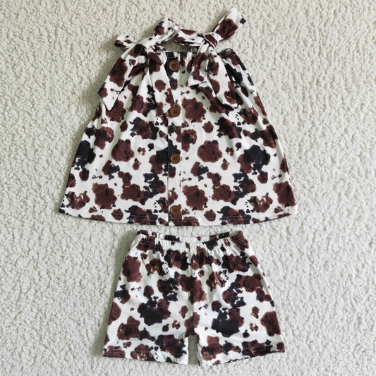 (Promotion)Halter top and shorts brown cow print girls summer outfits   GSSO0037