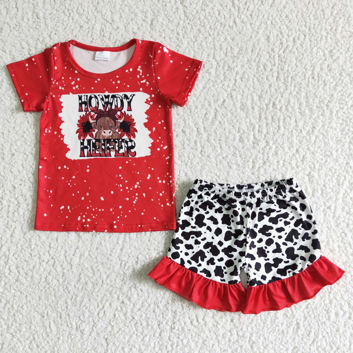 (Promotion)Howdy heirfer red top ruffles shorts girls summer outfits  GSSO0043