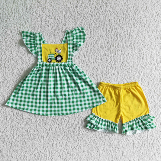 (Promotion)Tractor Chicken Embroidery Green Plaid Tunic Top Ruffle Shorts Girls Summer Outfits GSSO0056