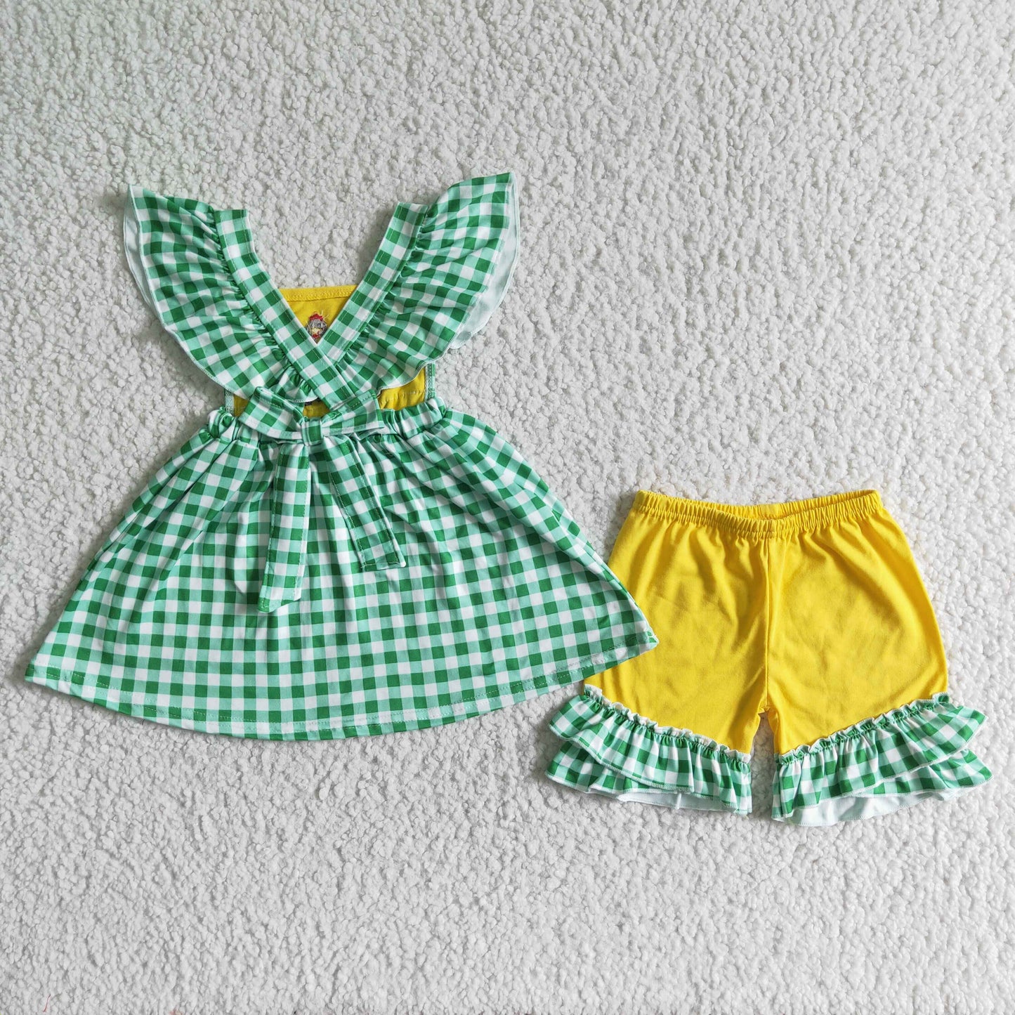 (Promotion)Tractor Chicken Embroidery Green Plaid Tunic Top Ruffle Shorts Girls Summer Outfits GSSO0056