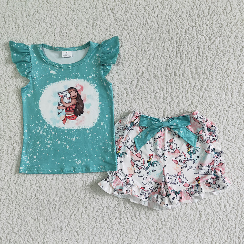 (Promotion)Cute girls bleached pig cartoon print summer outfits  GSSO0070