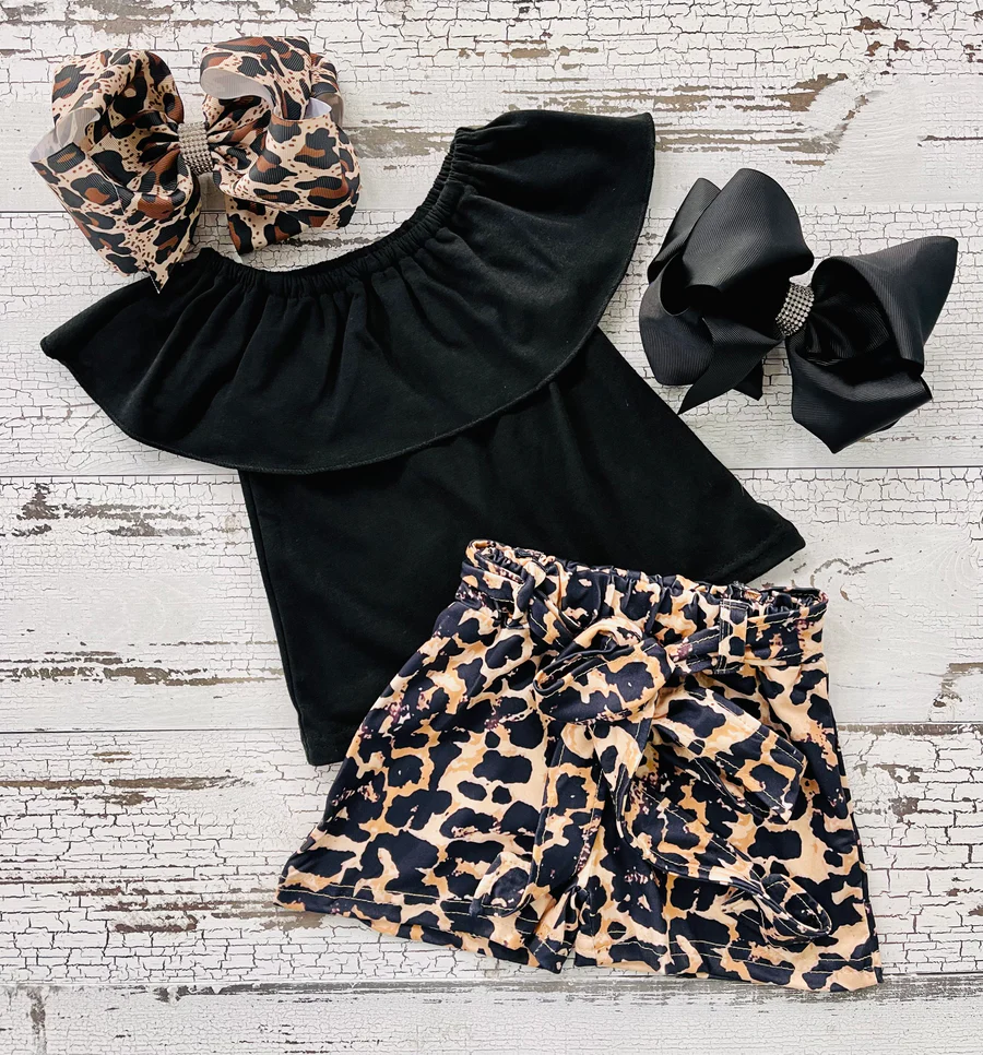 Girls black top leopard shorts summer outfits GSSO0082