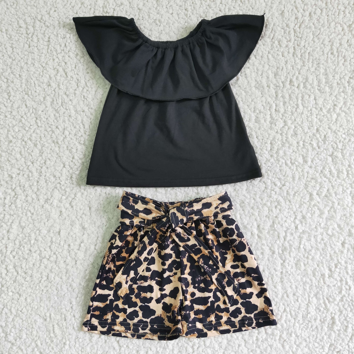 Girls black top leopard shorts summer outfits GSSO0082