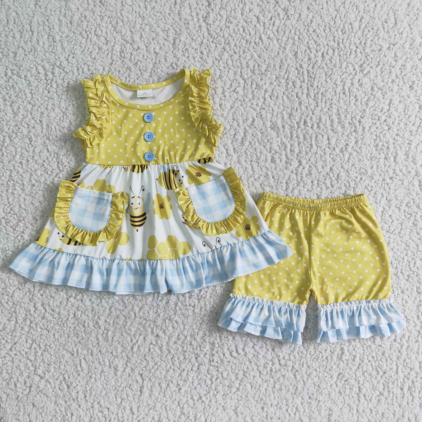 (Promotion)Girls summer bee print pockets outfits   GSSO0086