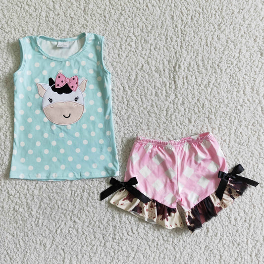 Girls summer cow print embroidery outfits   GSSO0088