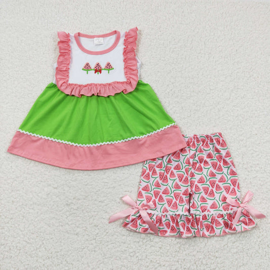 (Promotion)Girls watermelon print embroidery summer outfit GSSO0179