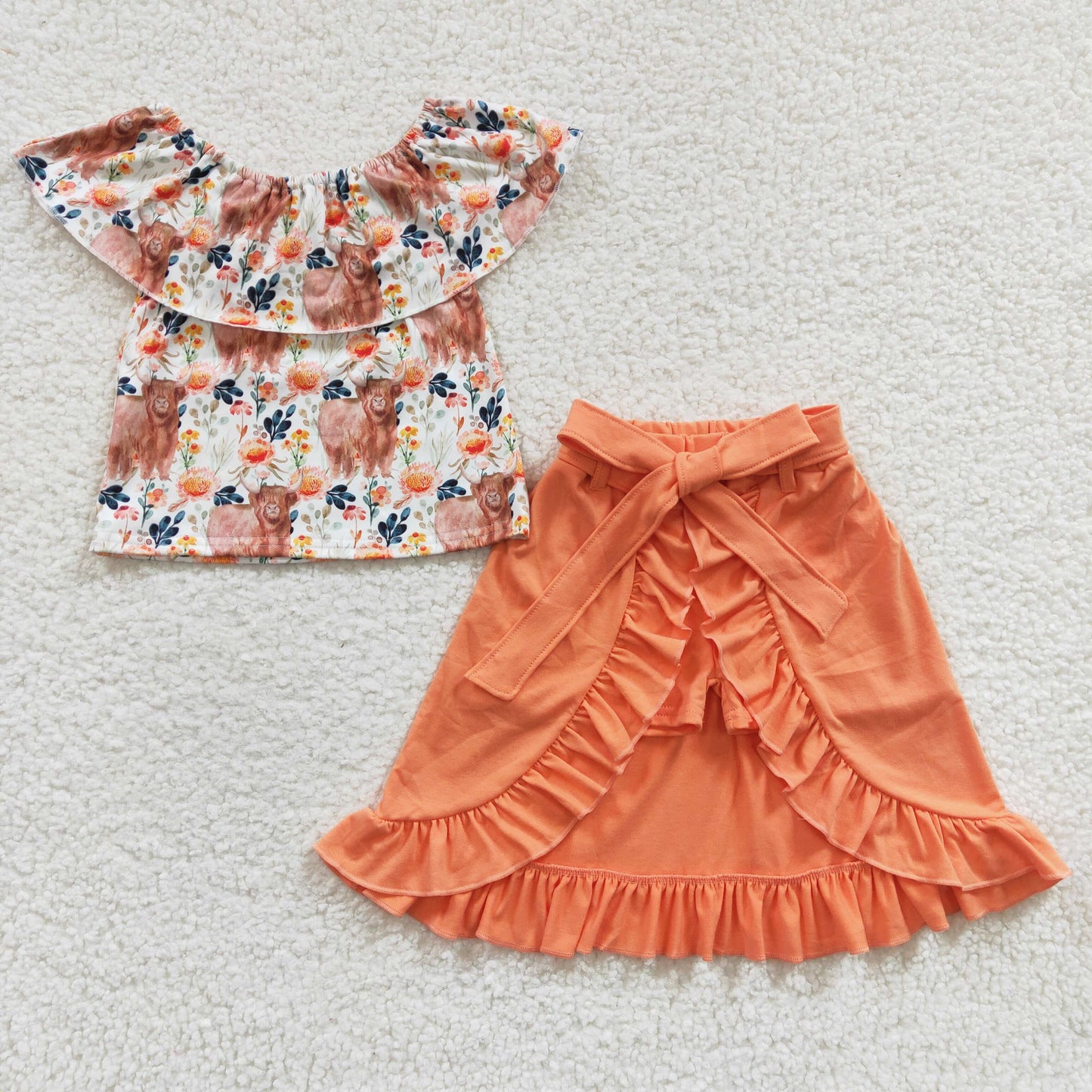 Girls highland cow top orange skirt 2pcs outfit  GSSO0184